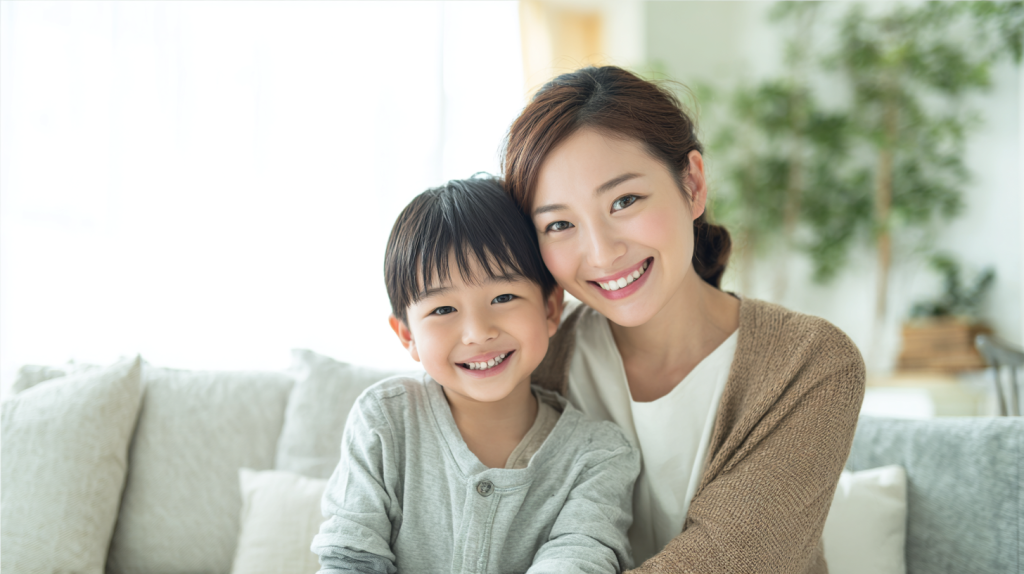 ohomagari1 - 小児矯正は北海道北広島市にある歯医者のさいわいデンタルクリニック札幌大曲 北広島市で小児矯正を検討する親子が、日当たりの良い部屋で笑顔で過ごす安心感のある風景。
