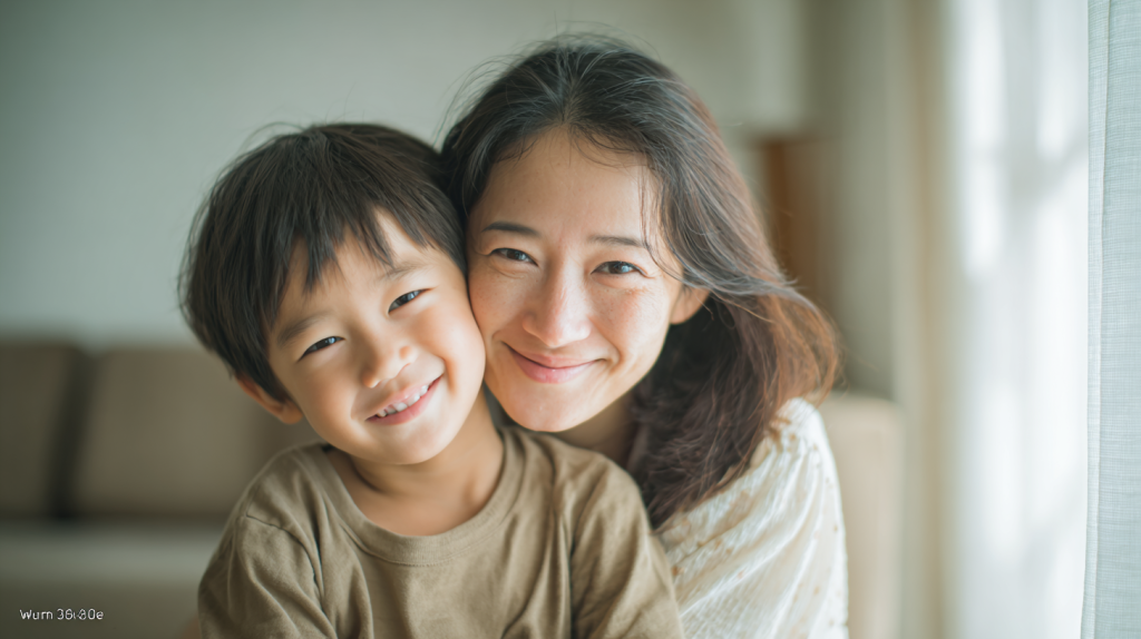 北広島市で小児矯正を検討する親子が、日当たりの良い部屋で笑顔で過ごす安心感のある風景。
