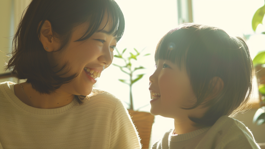 北広島市の歯科医院で笑顔を見せる親子。小児矯正の相談で安心した表情を浮かべるイメージ。