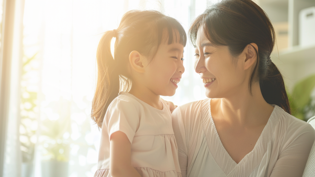 北広島市で小児矯正を検討する親子が、日当たりの良い部屋で笑顔で過ごす安心感のある風景。