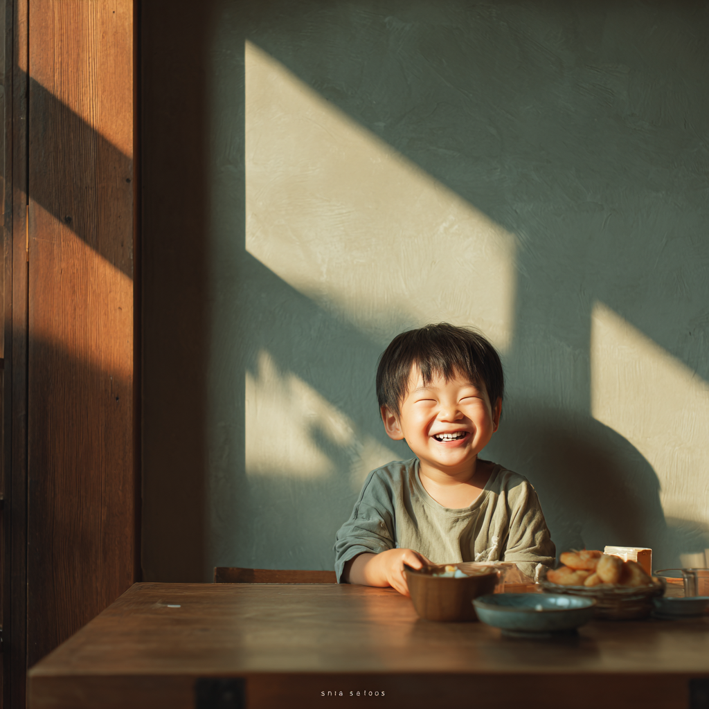 北広島市の小児矯正相談をイメージした、明るい陽光の中で笑顔を見せる親子と清潔感のある空間。