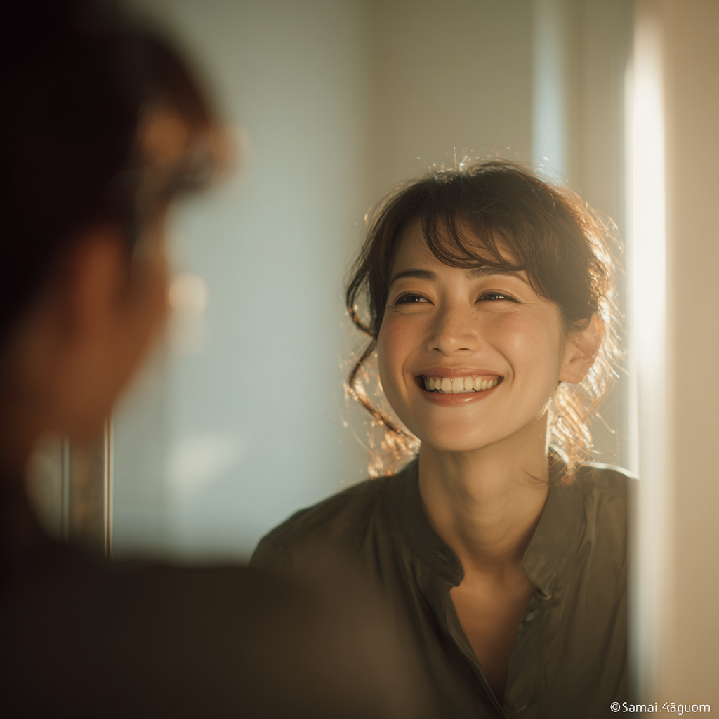 saiwai_A_professional_Japanese_woman_in_her_30s_with_a_confid_546321ab-e6c4-4e96-98b6-a148da791357_2 - 小児矯正は北海道北広島市にある歯医者のさいわいデンタルクリニック札幌大曲 北広島市周辺でアライナー矯正の相談をし、不安が解消されて明るい笑顔を見せる大人の女性