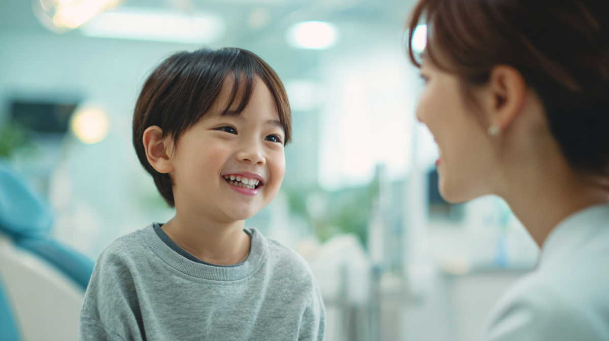 北広島市大曲の歯科医院で、小児矯正について優しく説明を受ける親子と清潔感のある院内風景。